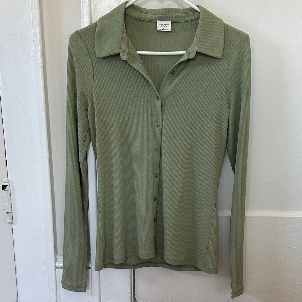 Abercrombie & Fitch Olive Green Ribbed Button-Down Shirt